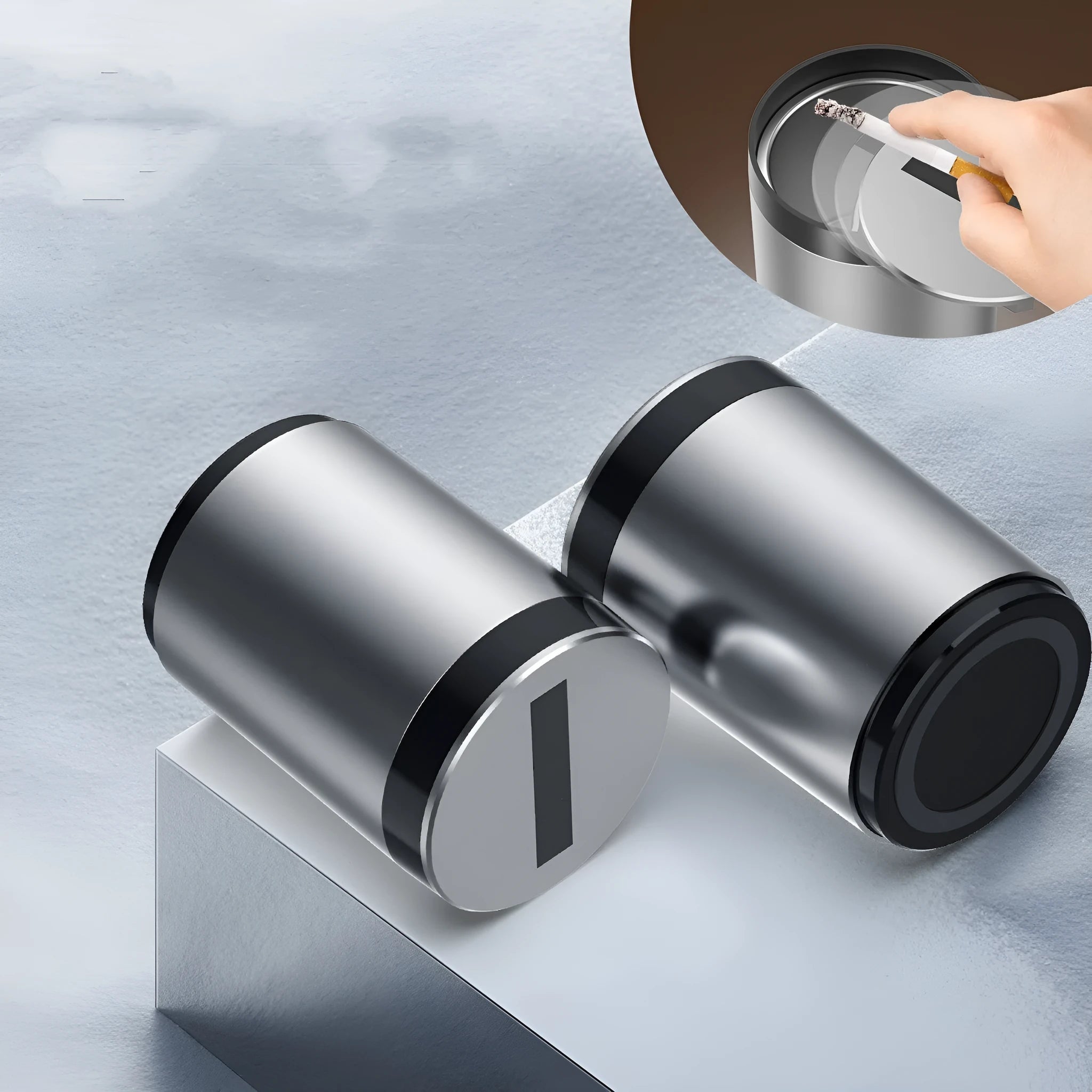 Automatic car ashtray measuring 7x10cm in gun grey or secret silver with built-in battery