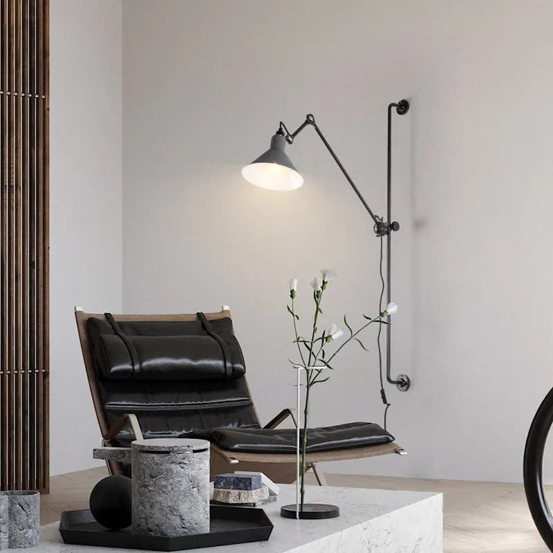 Rotating rocker arm wall lamp with plug, Nordic style iron lampshade, black lamp body, warm bulb