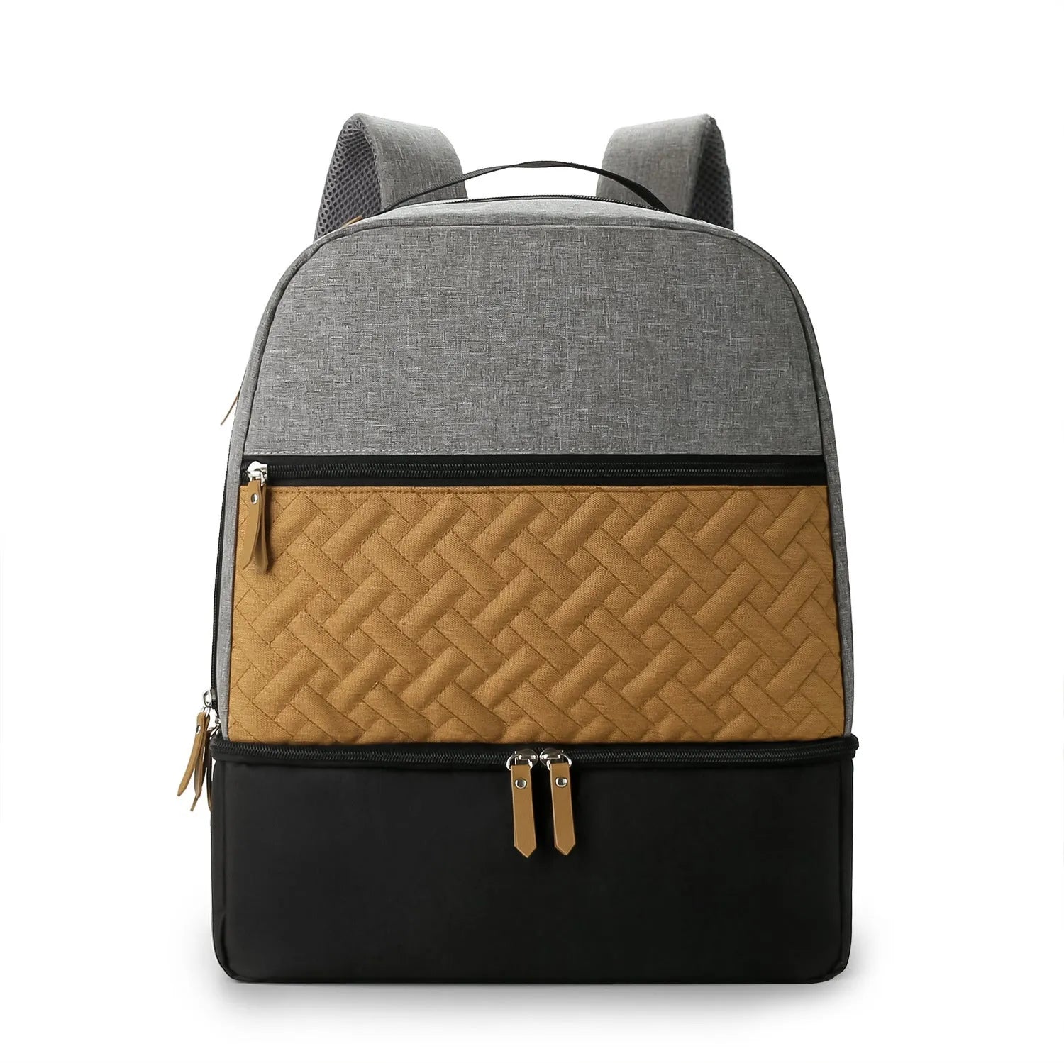 Grey insulated baby carrier backpack with curved shoulder straps and multiple compartments for mother and child travel