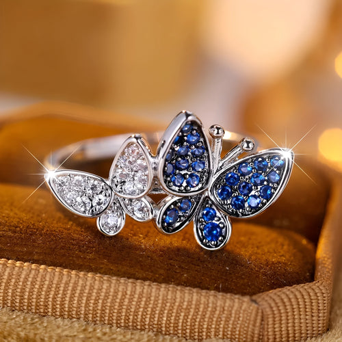 Blue and white butterfly ring for women on copper base with electroplated finish