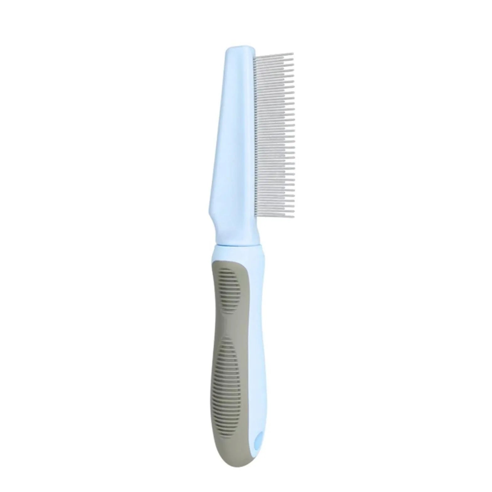 Blue pet detangler comb with rubber handle showing three comb teeth configurations