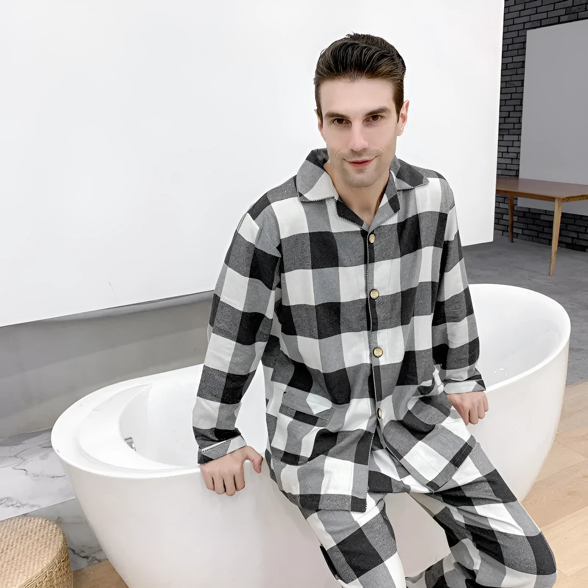 Men's warm cotton flannel pajama suit with lapel collar and long sleeves in blue stripe pattern