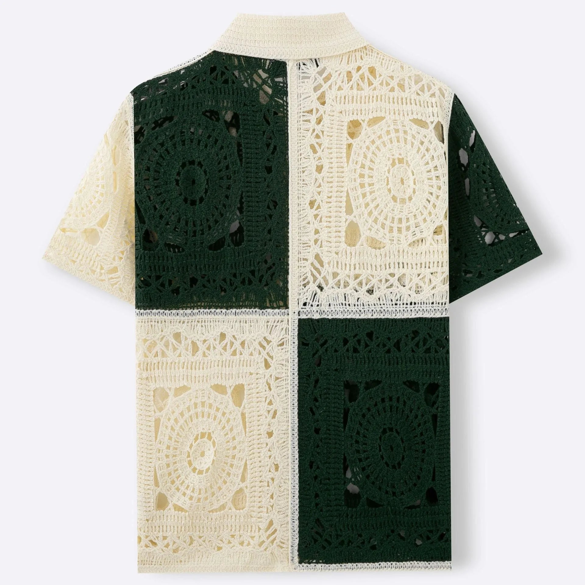 Beige men's short sleeve knitted shirt with colourblock pattern and flocking texture detail