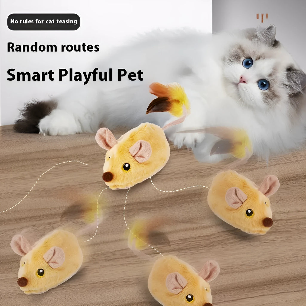 Plush mouse cat toy with remote control on grey carpet, showing rhubarb and yellow colour options