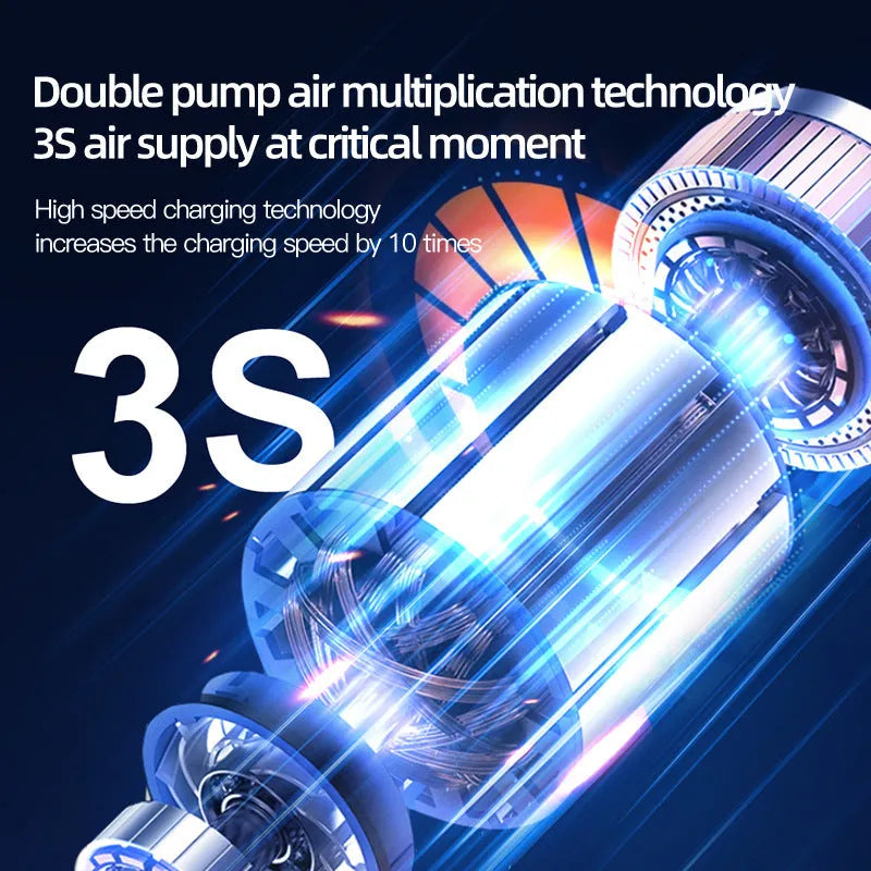 Black portable air pump with a digital display, power cord, and accessory nozzles for inflating car and bike tyres.