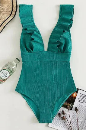 Women's black one-piece swimsuit with ruffled adjustable shoulder straps and back lace fastening.
