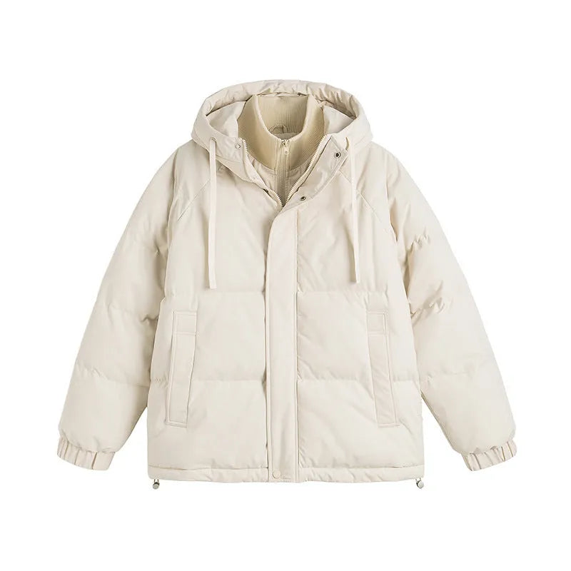 Loose two-piece padded winter coat in a cardigan style with side pockets.
