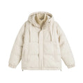 Loose two-piece padded winter coat in a cardigan style with side pockets.