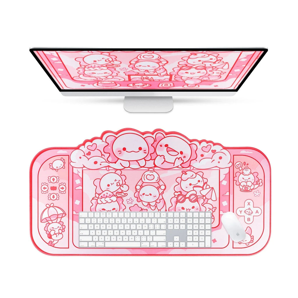 Hexagonal dragon crane machine cartoon anime large cloth mouse pad on a desk.
