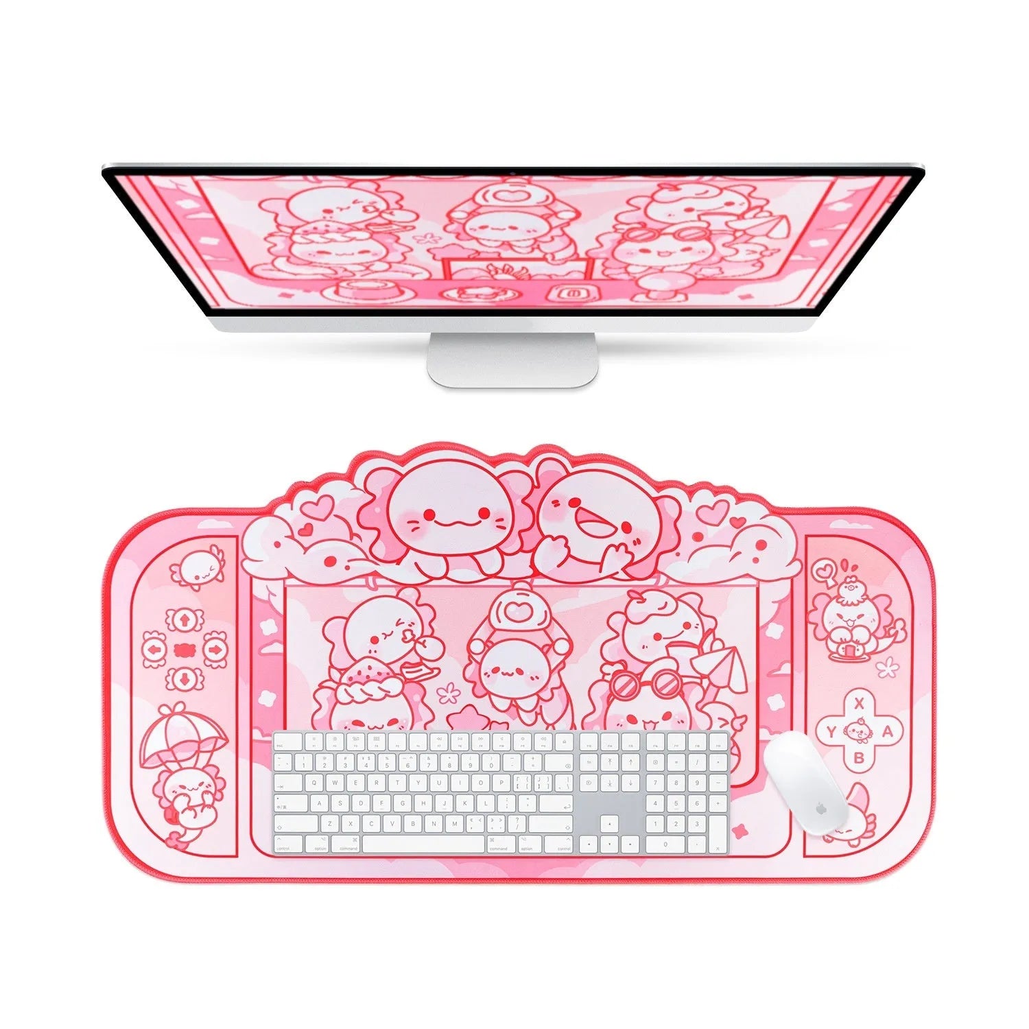 Hexagonal dragon crane machine cartoon anime large cloth mouse pad on a desk.