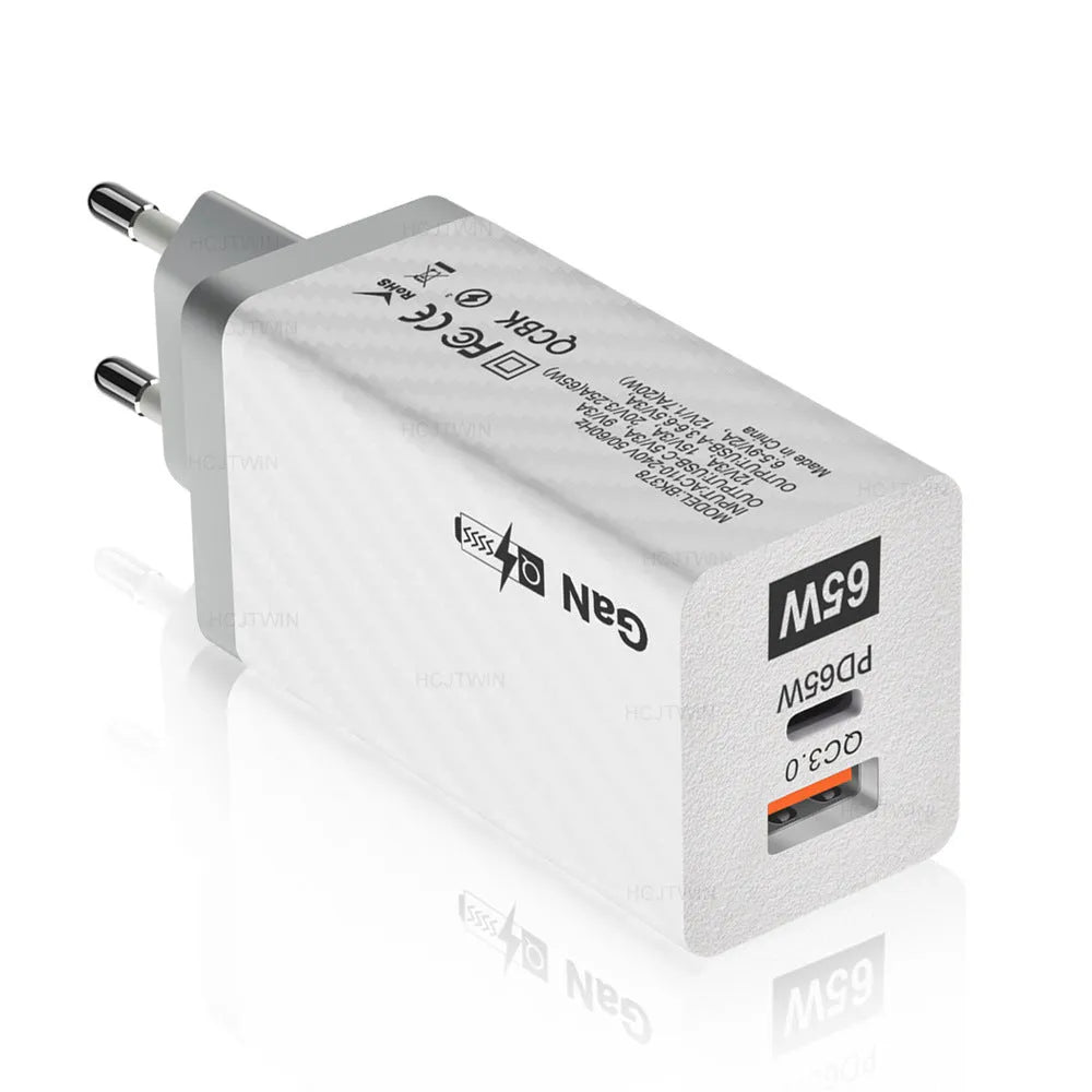 65W Gallium Nitride universal laptop charger in white with USB-C port and compact design
