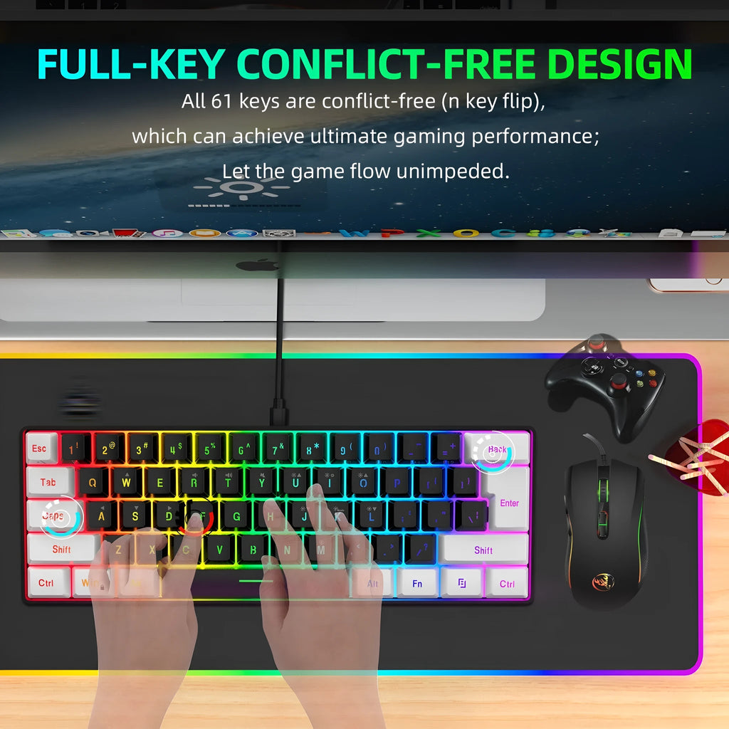 V700WB A869 white and black wired gaming keyboard and mouse combo with backlight on a desk.