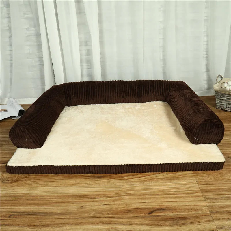 Corduroy bolster dog bed with high-density sponge filling and non-slip base in grey colour