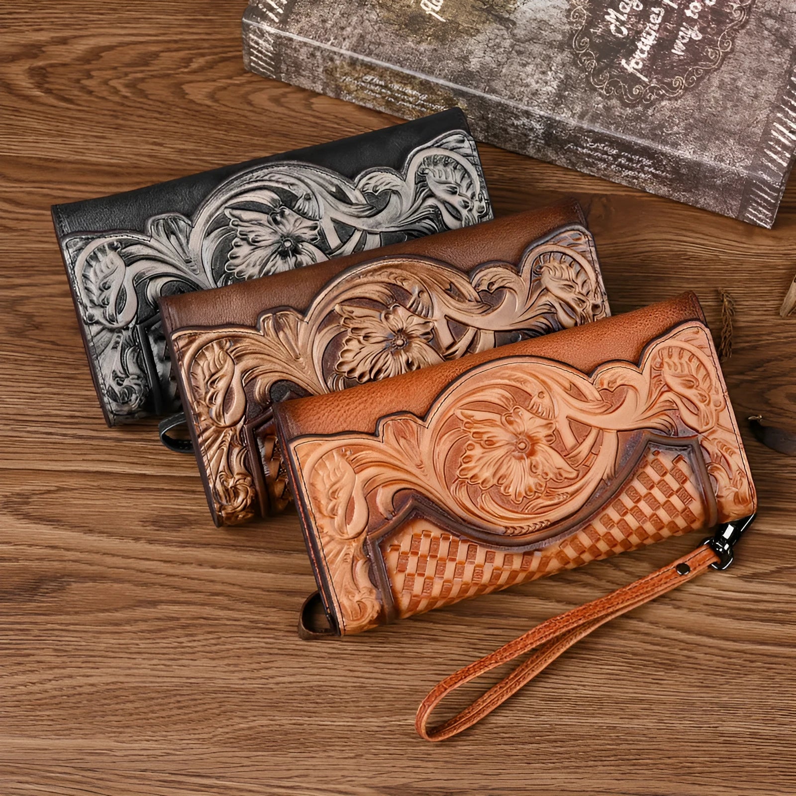 Retro brown women's tri-fold leather wallet with an embossed floral pattern, shown open and closed.