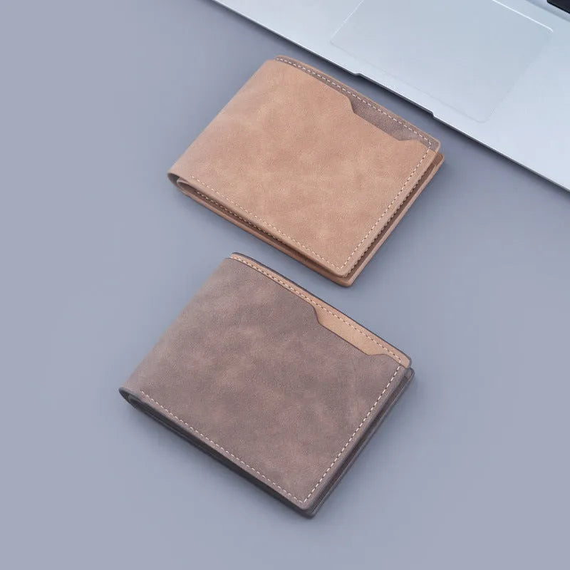 Men's short two fold wallet in frosted PU with contrast colour, 11.5 x 9.5 x 2 cm, dark brown or light brown