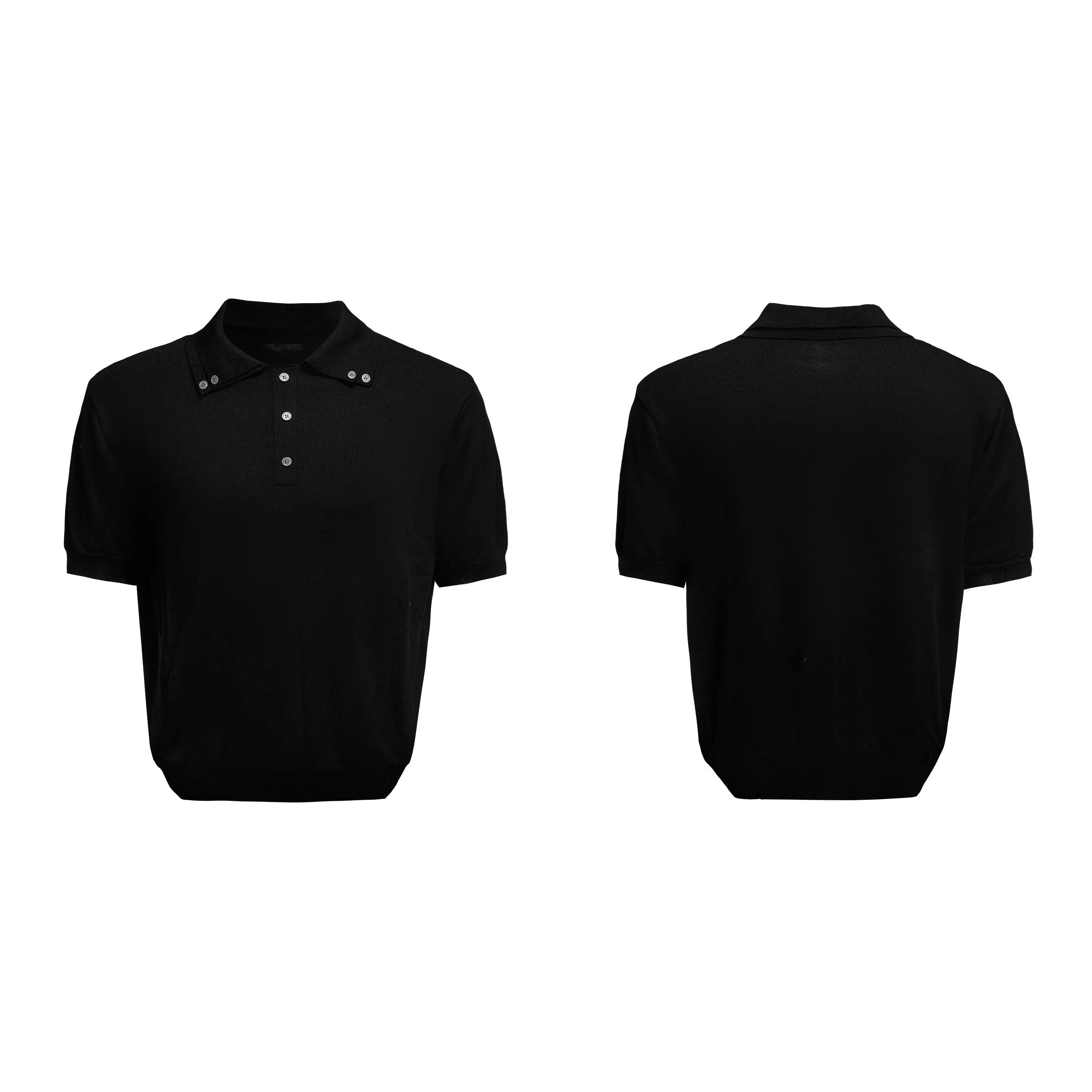 Men's black slim knit short sleeve shirt with double collar design and fastener decoration