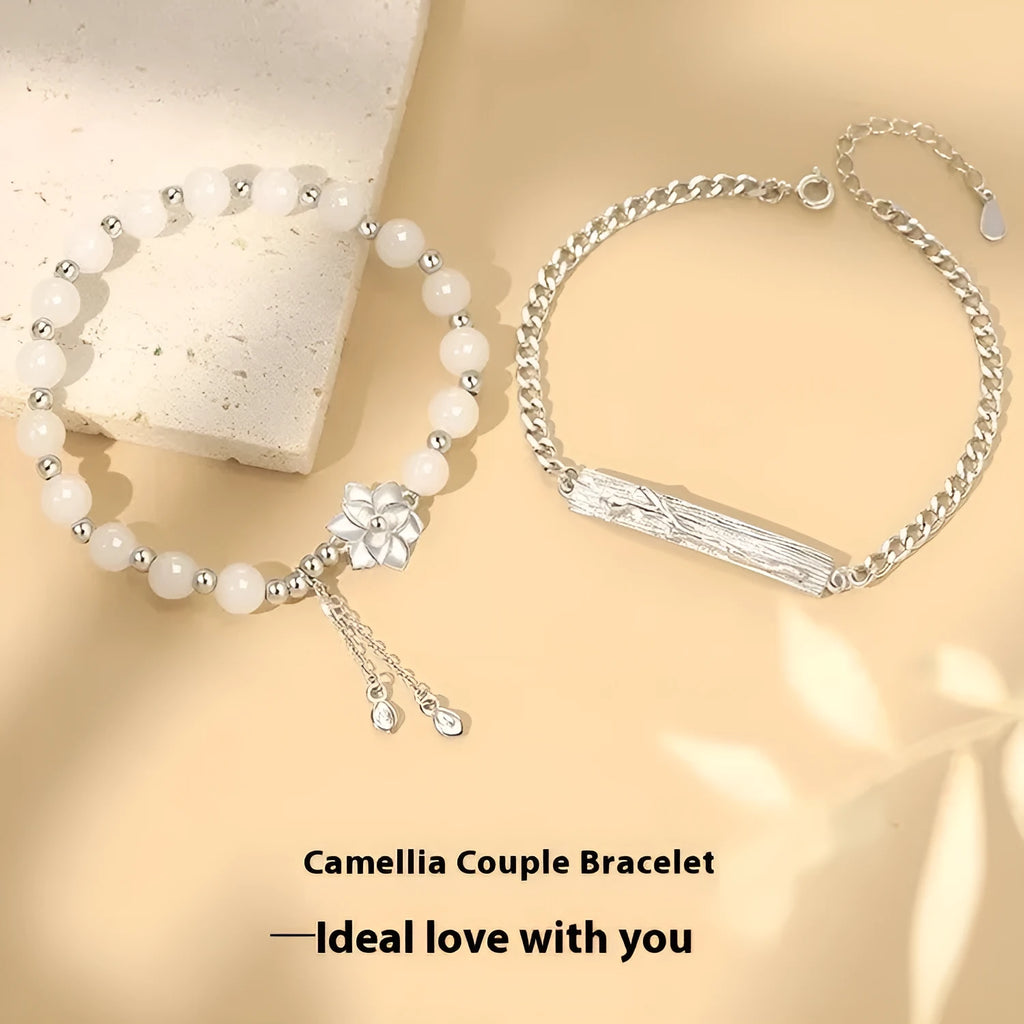 New Chinese Ins style couple's beaded bracelet with resin camellia, lotus, and peach blossom floral charms.