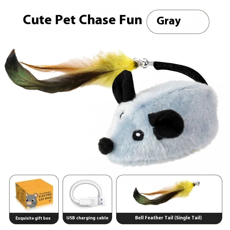 Intelligent charging simulation electric mouse cat teaser toy in grey with double tail decoration