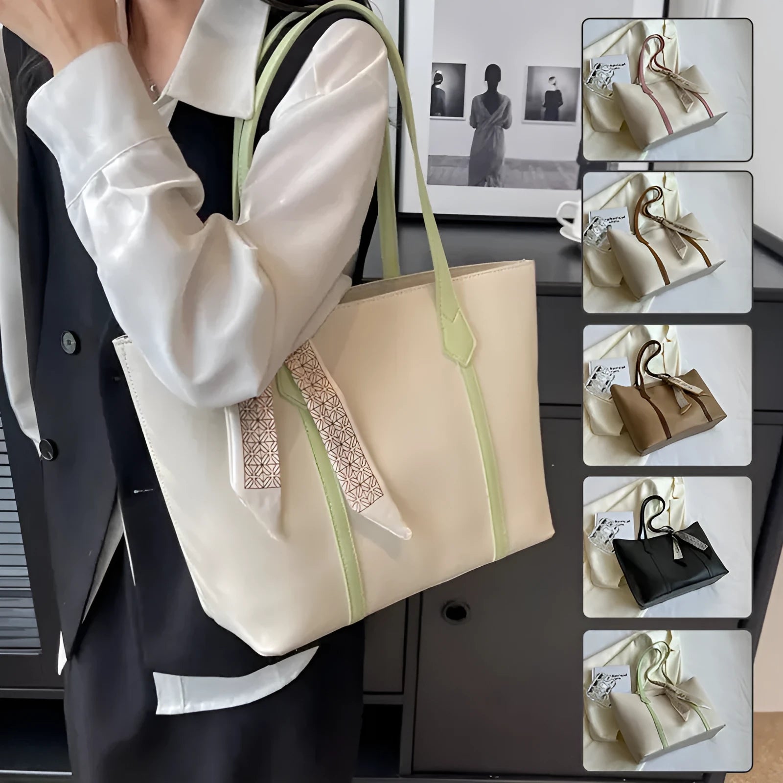 Women's large capacity casual tote bag in bucket design showing six colour options