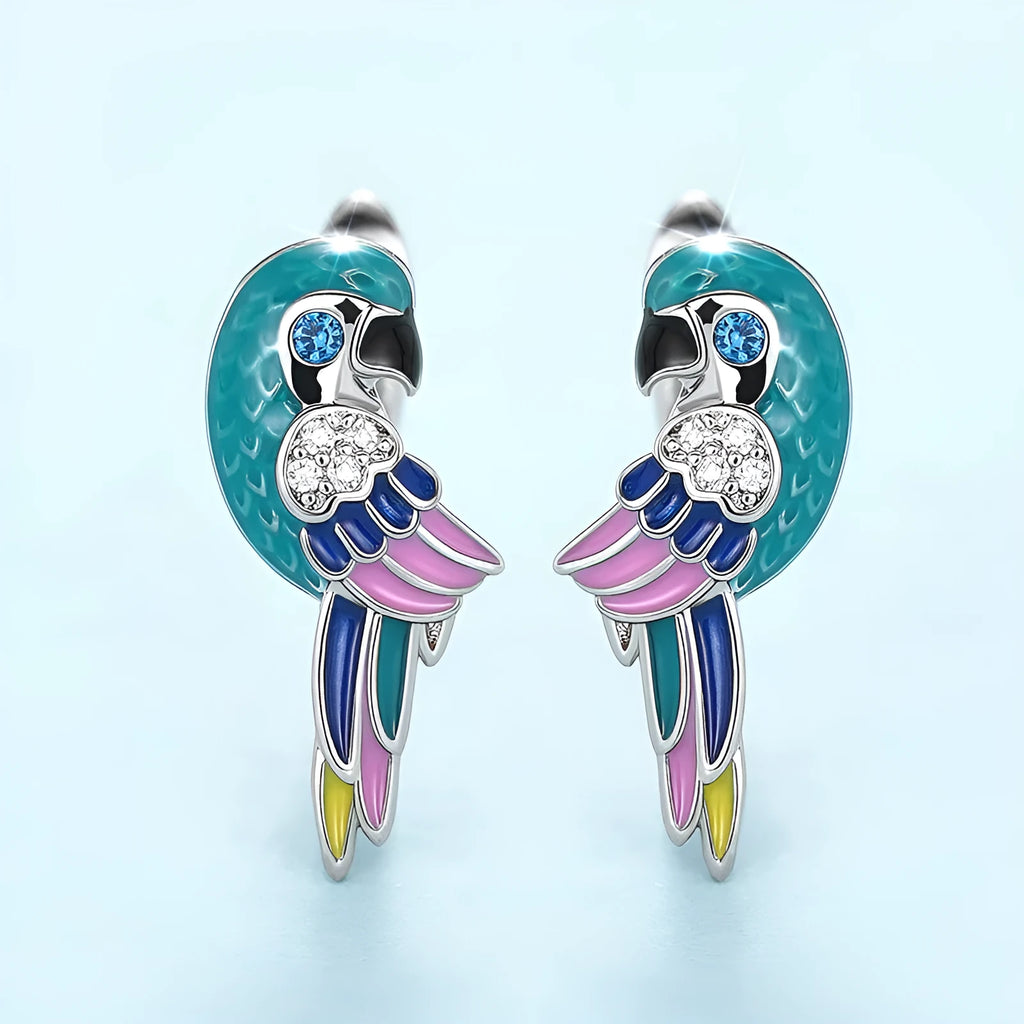 Parrot bird ear clips in white gold colour with copper body and inlaid zircon, cute animal design for women