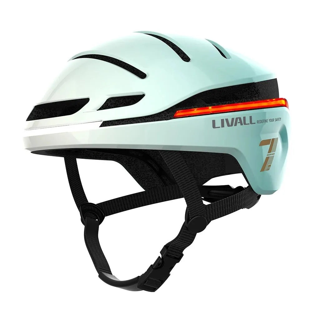 Matte black smart bicycle helmet with integrated LED lights on front and sides for night riding safety.