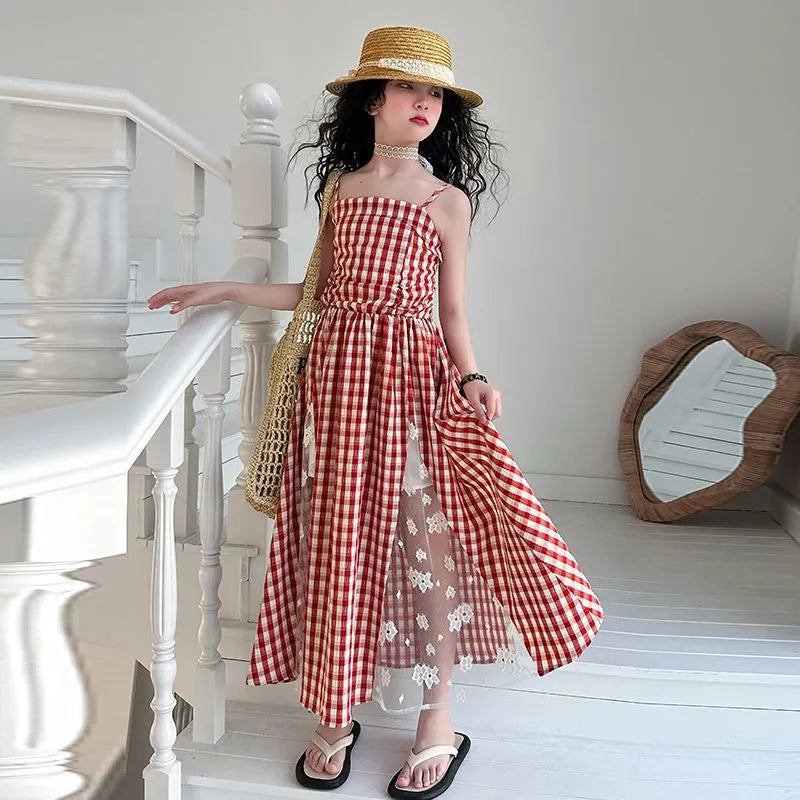 Girls red plaid non-slip princess dress with lace stitching, polyester fibre, available in 120cm to 170cm height options