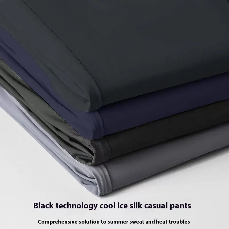 Men's straight-leg ice silk trousers in a loose fit with an elasticated waist, shown in black.