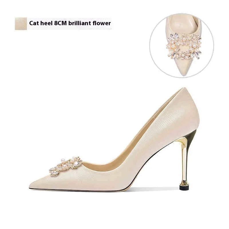 French crystal bridal high heel pumps with rhinestones, pointed toe, and choice of stiletto or cat heel.