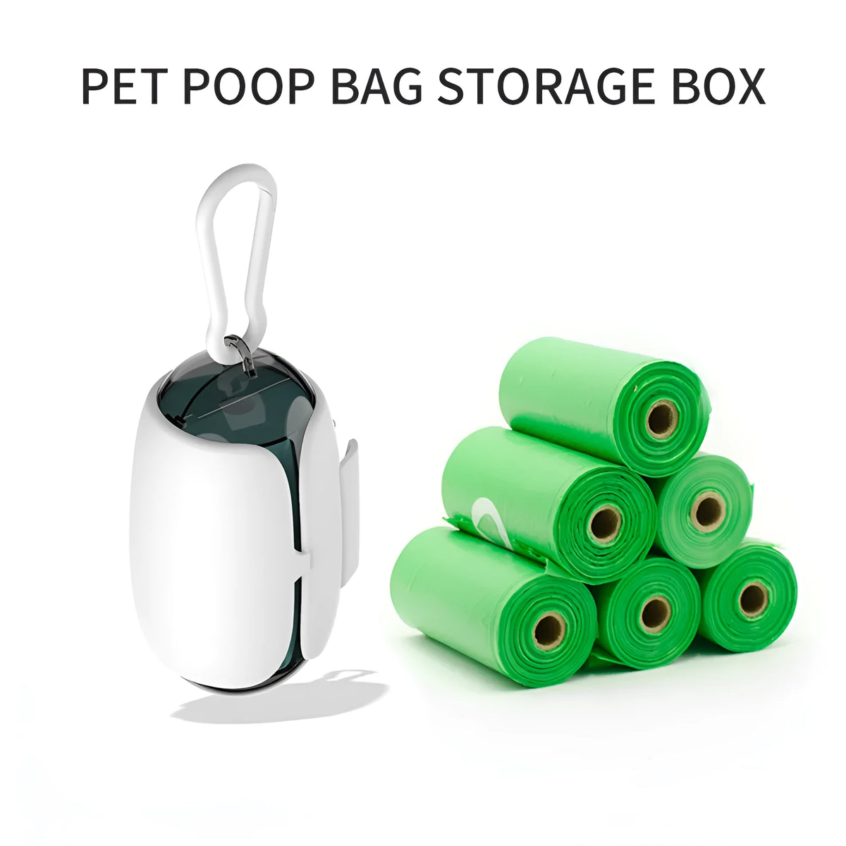 White and translucent grey space capsule dog poop bag dispenser with leash clip and top hook