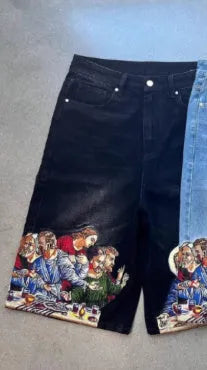 Men's blue cotton shorts with Jesus printed back pocket in tapered casual design
