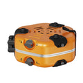 Orange portable double-headed folding camping gas stove with two 2.5kW butane burners, shown open and folded