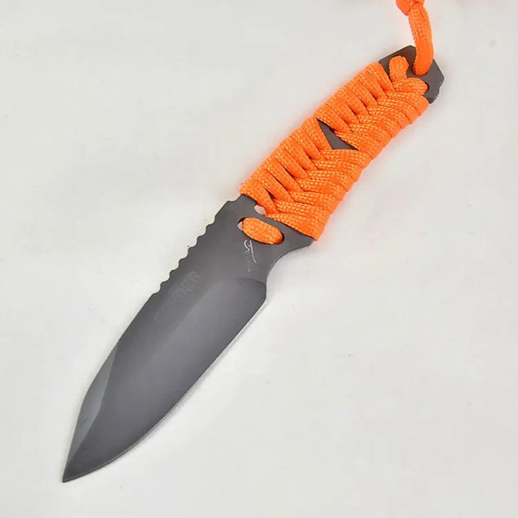Outdoor straight knife with rope handle and ABS sheath showing 200mm length and sanded steel blade