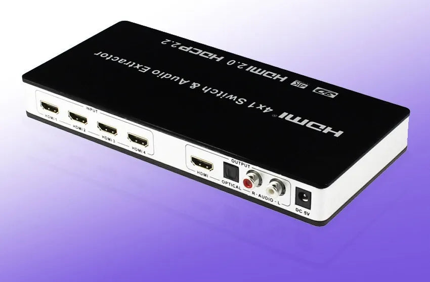 Black HDMI switch with remote control showing four input ports and one output port