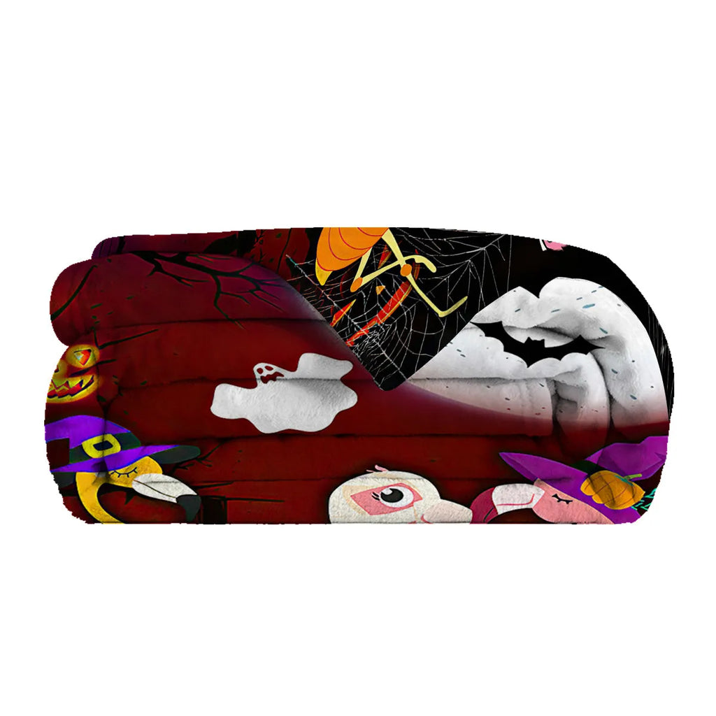 Purple flannel velvet blanket with Halloween flamingo print, hemmed edges, available in 75x100cm and 130x150cm