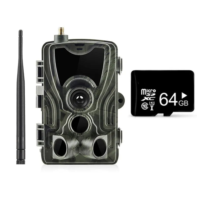 Outdoor surveillance camera with camouflage finish showing 1080p resolution and wide-angle lens specifications