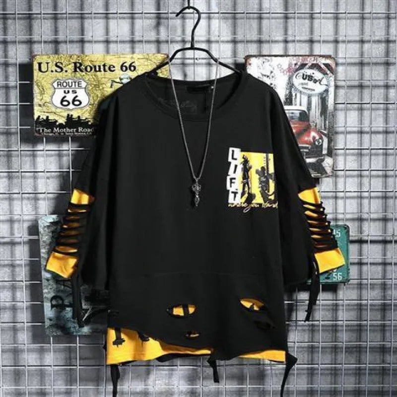 Men's loose fit hip hop polyester printed short sleeve t-shirt with graffiti design in black and white