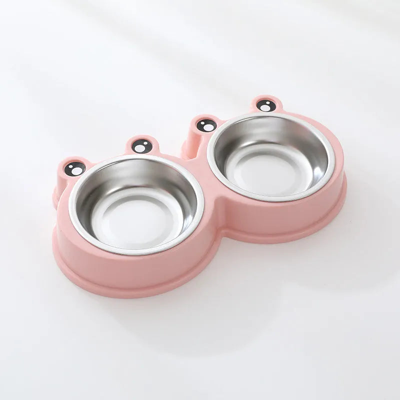 Stainless steel double pet bowl for food and water with a non-slip base and frog design, in blue colour.