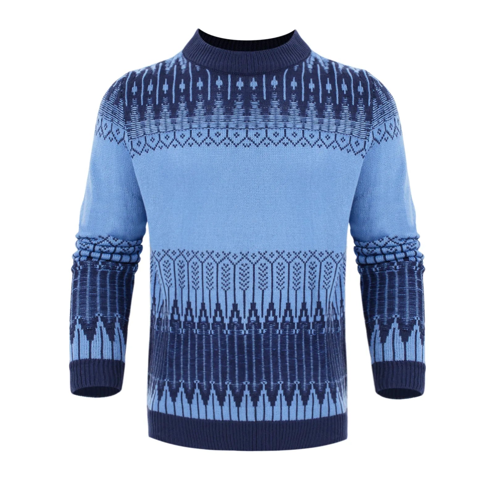 Men's knitted long-sleeved pullover sweater on a hanger, available in multiple sizes and styles.