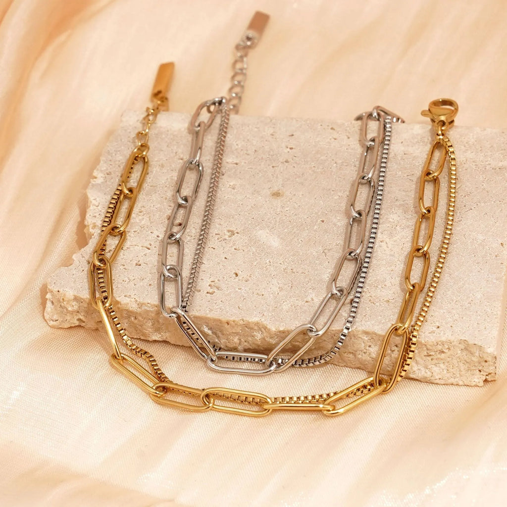 Double layer titanium steel bracelet with geometric lines in gold or silver colour