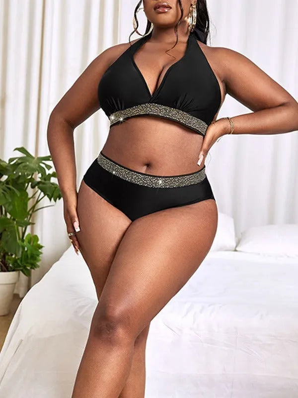 Black plus size women's bikini swimsuit set with bra and shorts