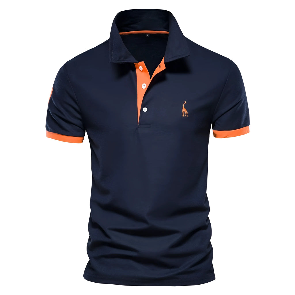 Men's slim fit embroidered short sleeve T-shirt in a cotton blend fabric on a hanger.