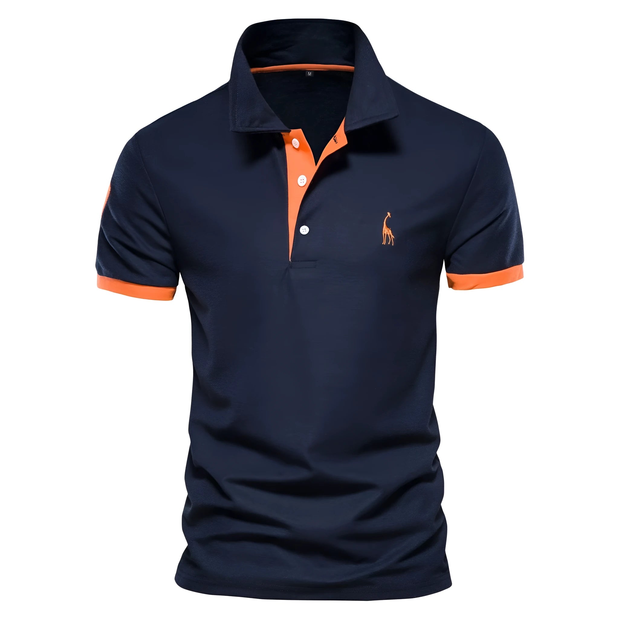 Men's slim fit embroidered short sleeve T-shirt in a cotton blend fabric on a hanger.