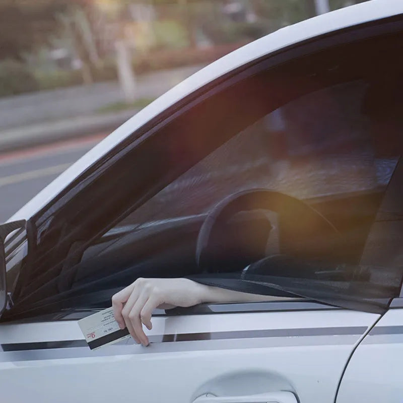 Stretchy non-woven mesh car side window sunshade installed on a vehicle door