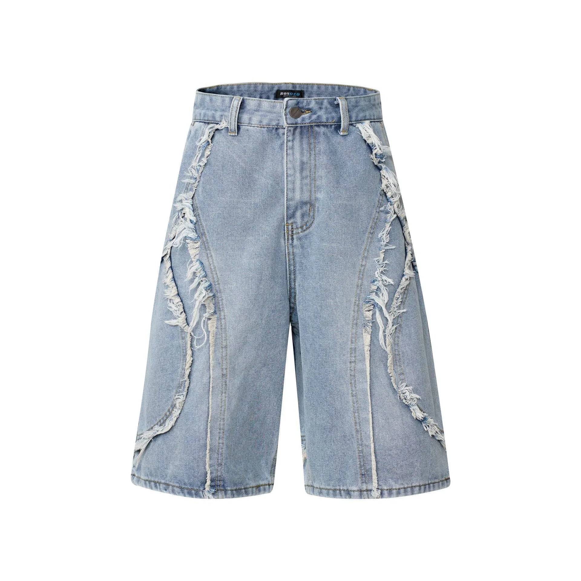 Distressed raw edge denim shorts in light blue on a mannequin, showing straight cut and cropped length.