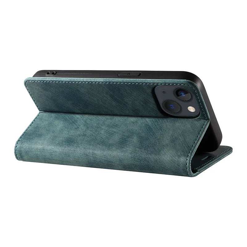 Magnetic flip phone case for iPhone in leather and TPU, shown closed and open with cards in slots.