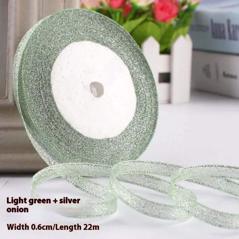 Roll of narrow 0.6cm wide polyester gift ribbon in a multicolour pattern.