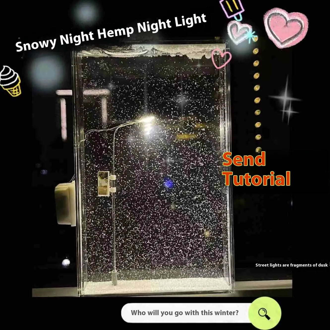 DIY kit components for assembling a snowy landscape night light with LED fairy lights