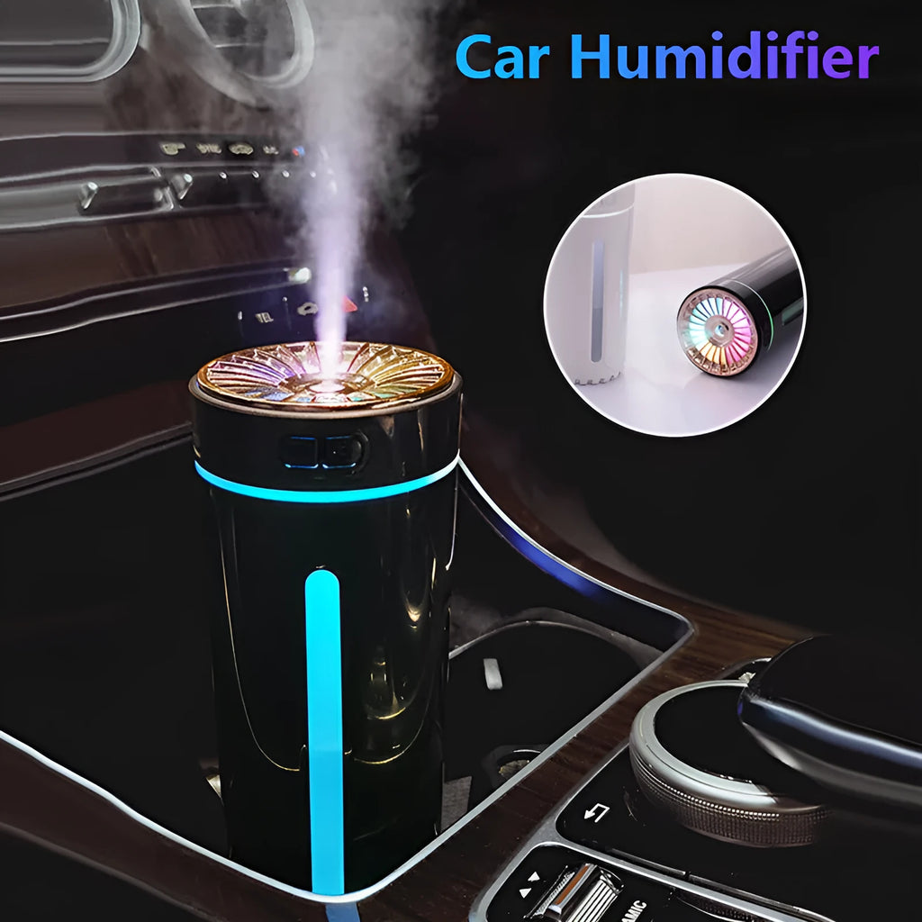 Wireless air humidifier with colourful lights on a car cup holder, 800mAh rechargeable cool mist maker