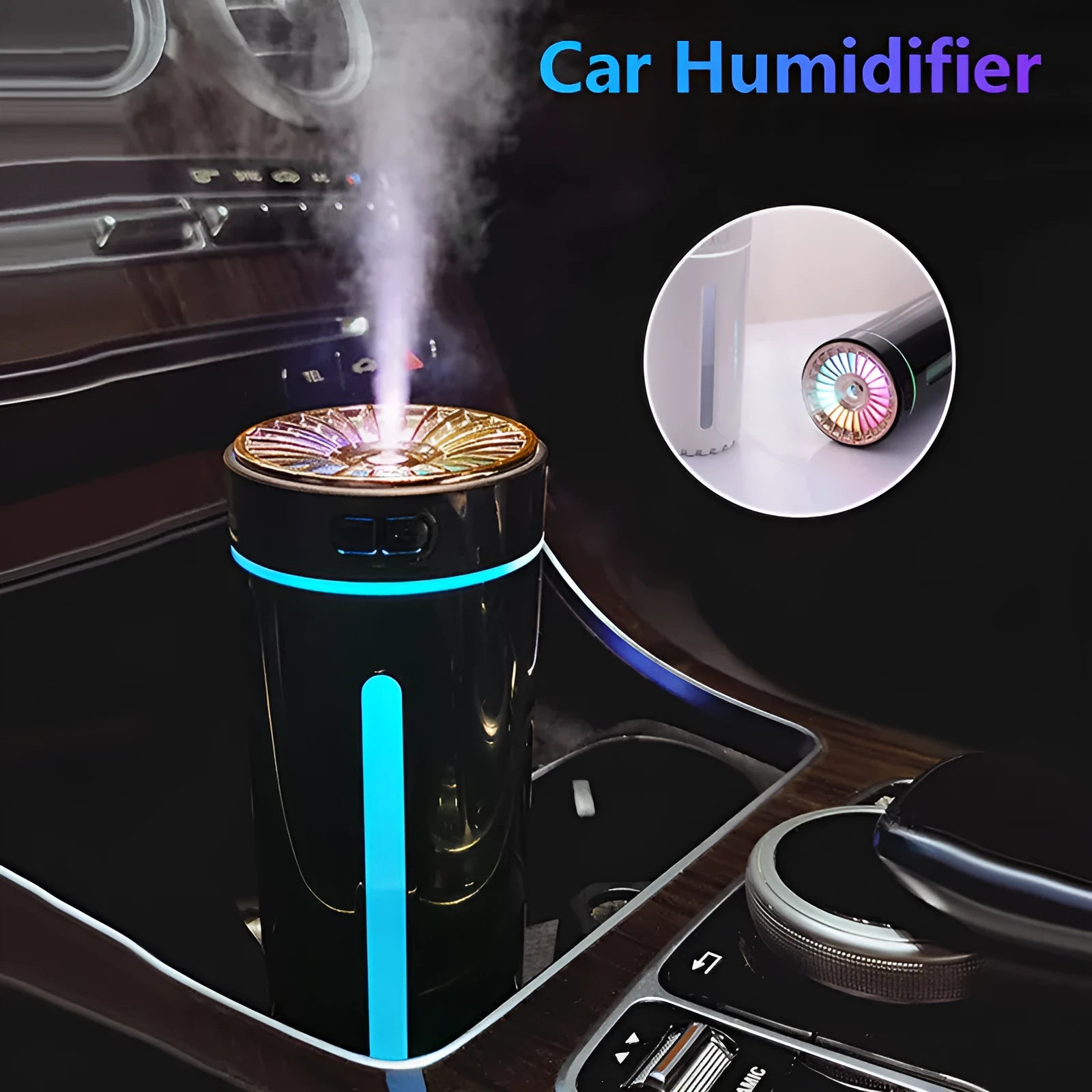 Wireless air humidifier with colourful lights on a car cup holder, 800mAh rechargeable cool mist maker