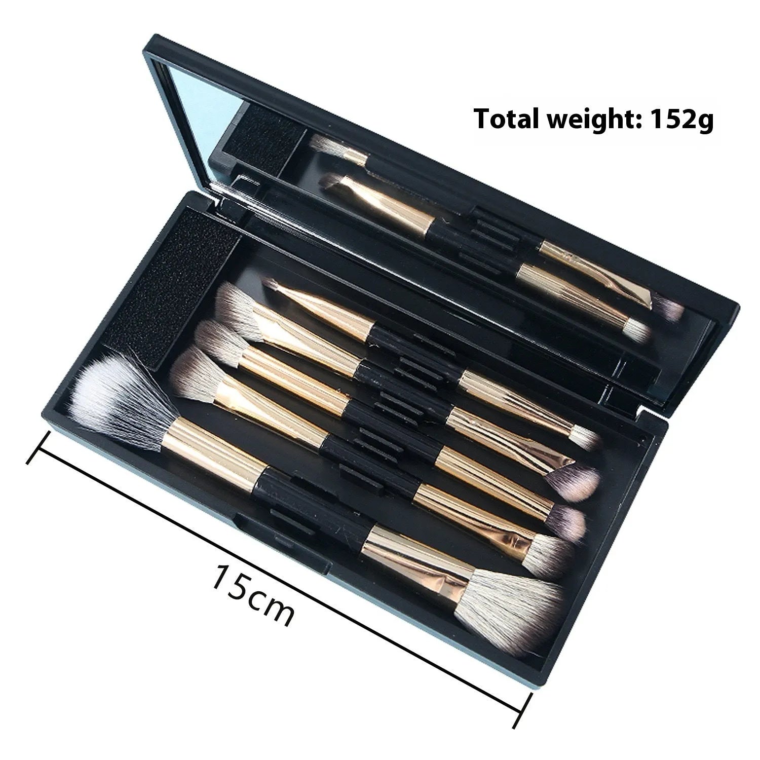 Silver and gold makeup brush sets in a case with a mirror, showing artificial fibre bristles.